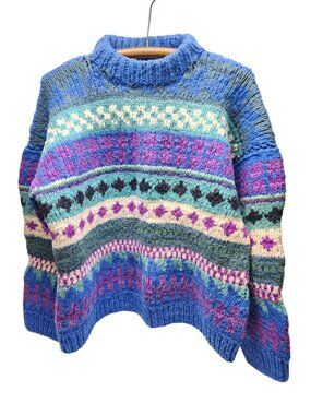 Vintage Handmade Knit 100% Wool Sweater Large Fair Isle Geometric Colorful Chunk